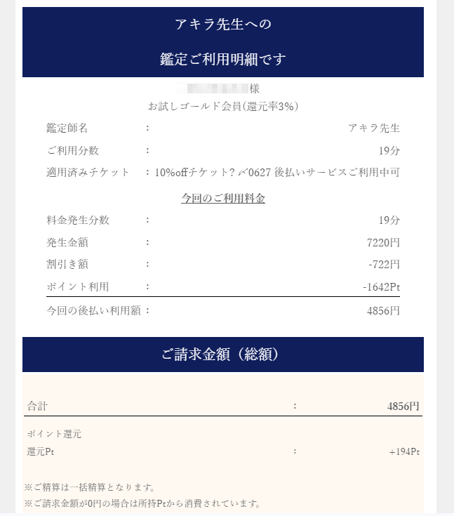 アキラ先生の鑑定料金：利用額4,856円