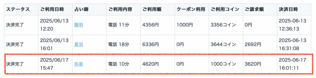 エキサイト電話占いで弥楽（ミラク）先生の鑑定を受けた後に届いた料金の明細書